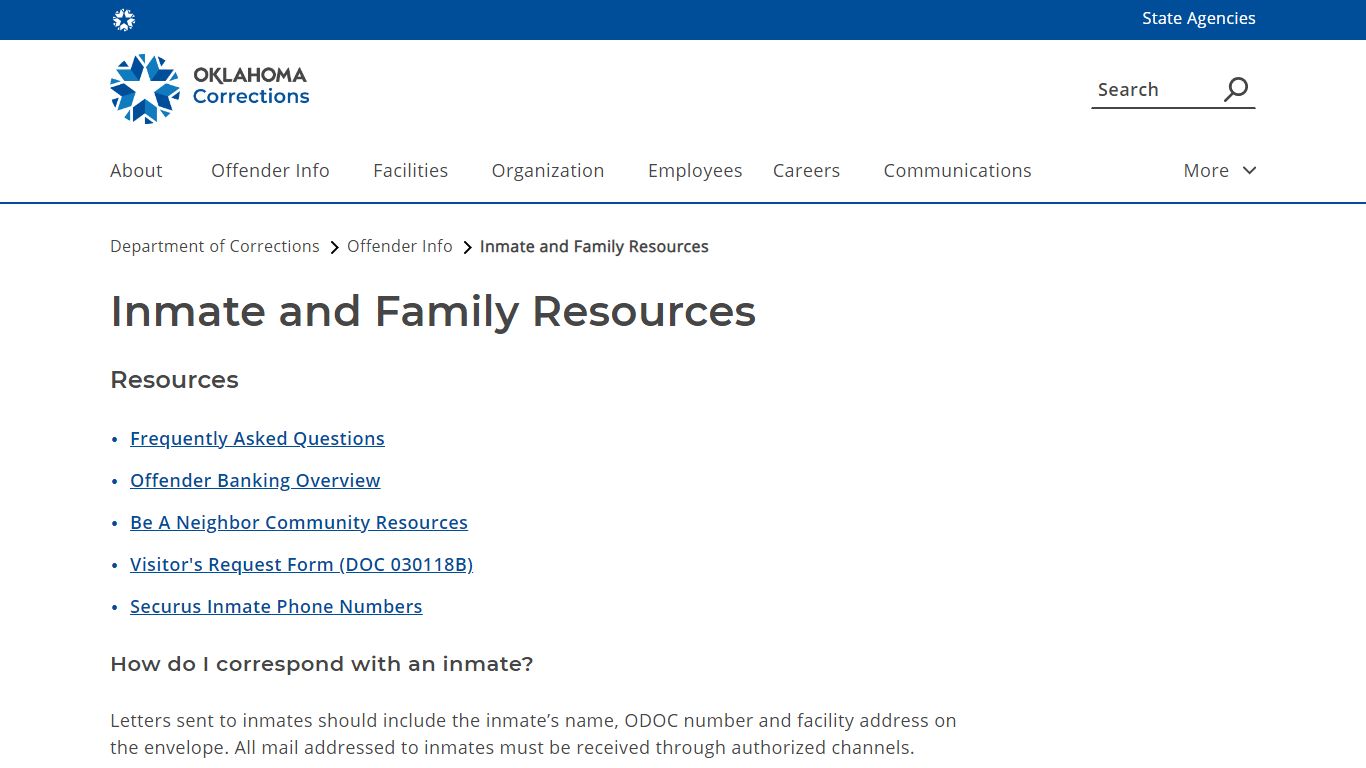 Inmate and Family Resources - Department of Corrections